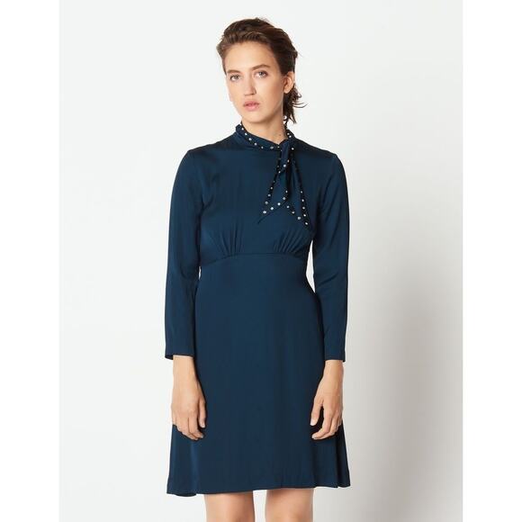 NEW Sandro Studded Bow Collar Dress Silk Blend Women's Teal Size 38 - Picture 1 of 7